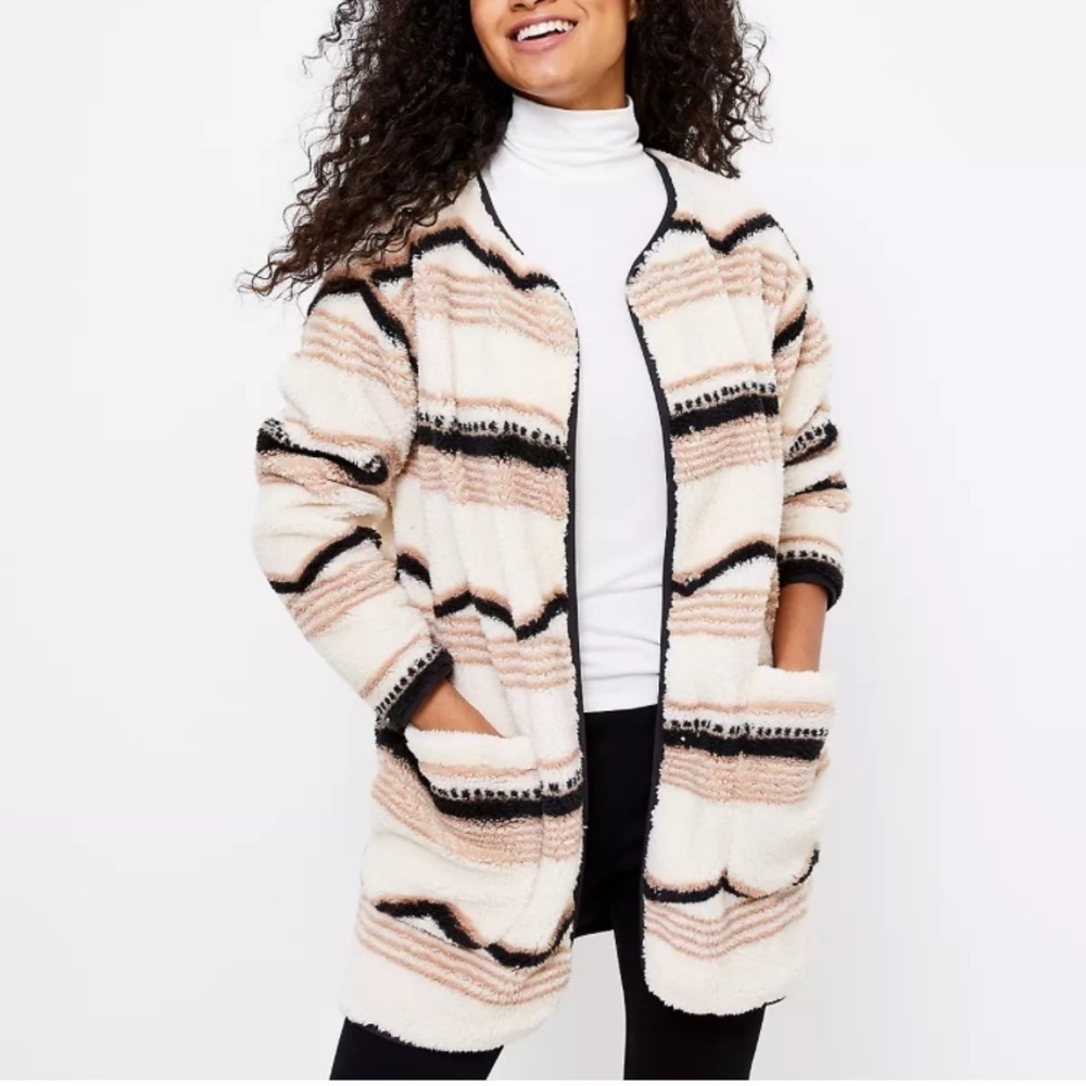 Lou & Grey Fleece Sherpa Jacket LARGE Ivory Black Aztec Boho Snap Ski lodge